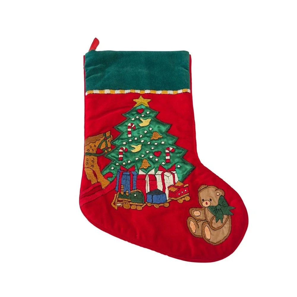 Vintage Style Red Velvet Christmas Stocking Embroidered Tree‎ Bear Rocking Horse